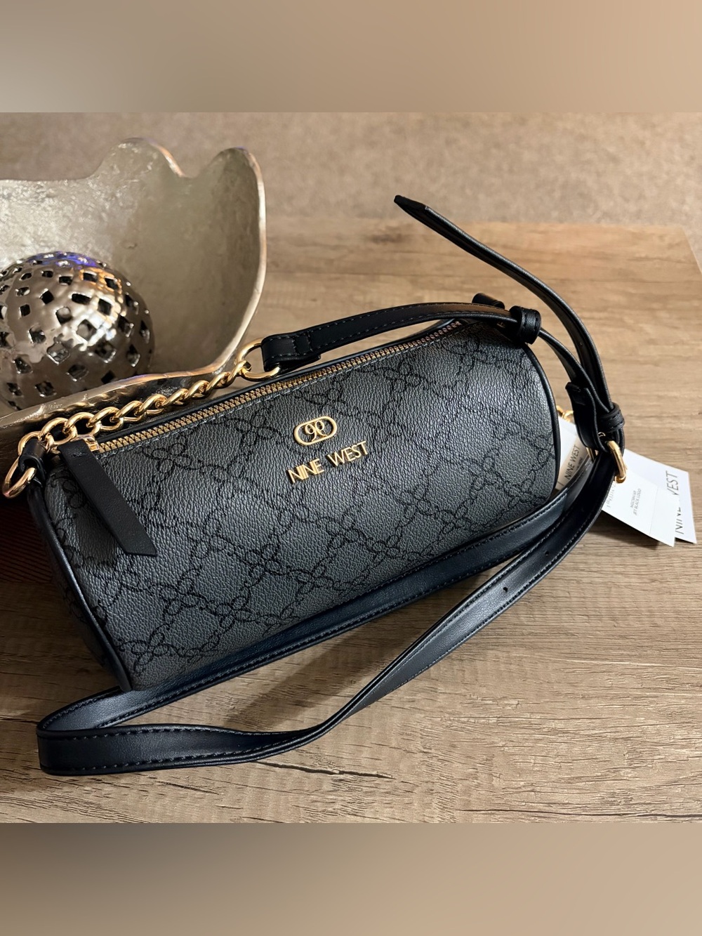Nine West Black Logo-Pattern Barrel Crossbody Bag